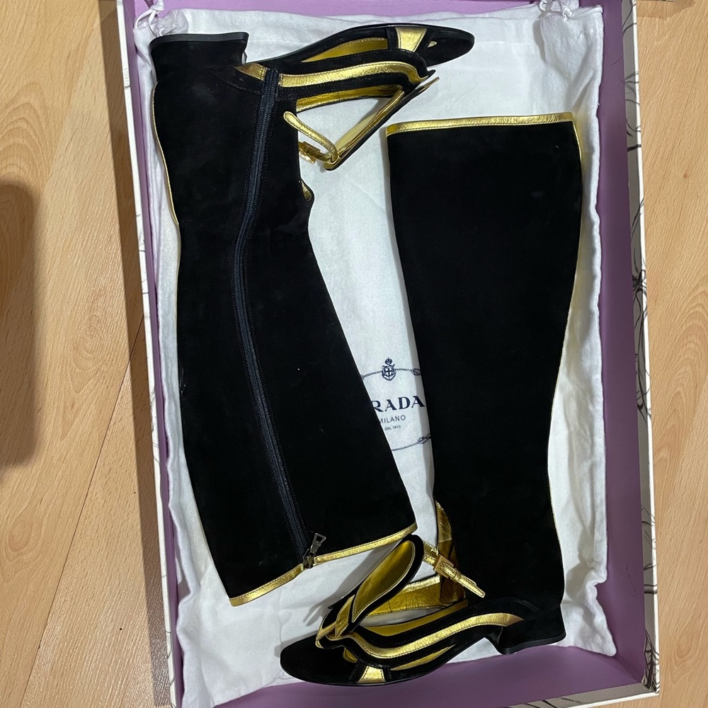 Prada boot sandals suede gold and black size 35